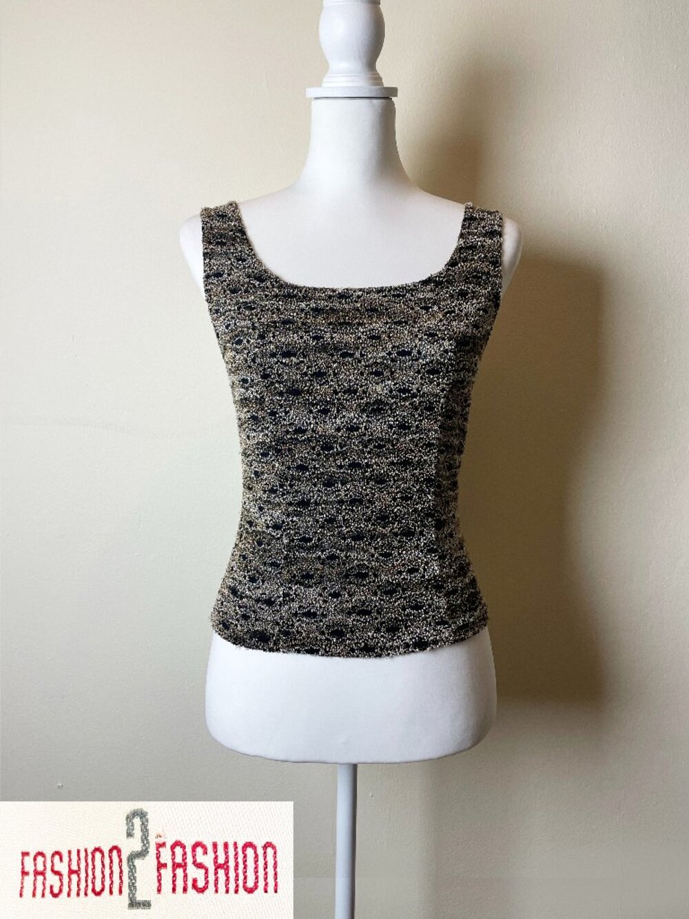 Vintage Y2K Fashion2Fashion Metallic Gold Black Knit Sleeveless Tank Top EUC